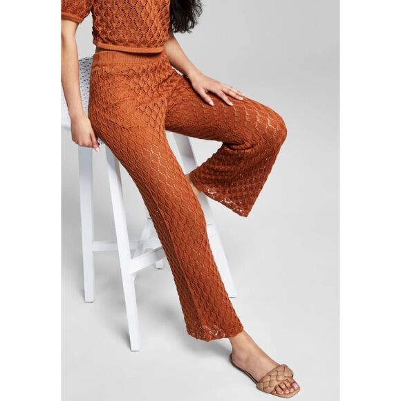NEW and Now This Rust Mocha Brown Crochet Flare Wide Leg Pants Medium - Picture 8 of 8